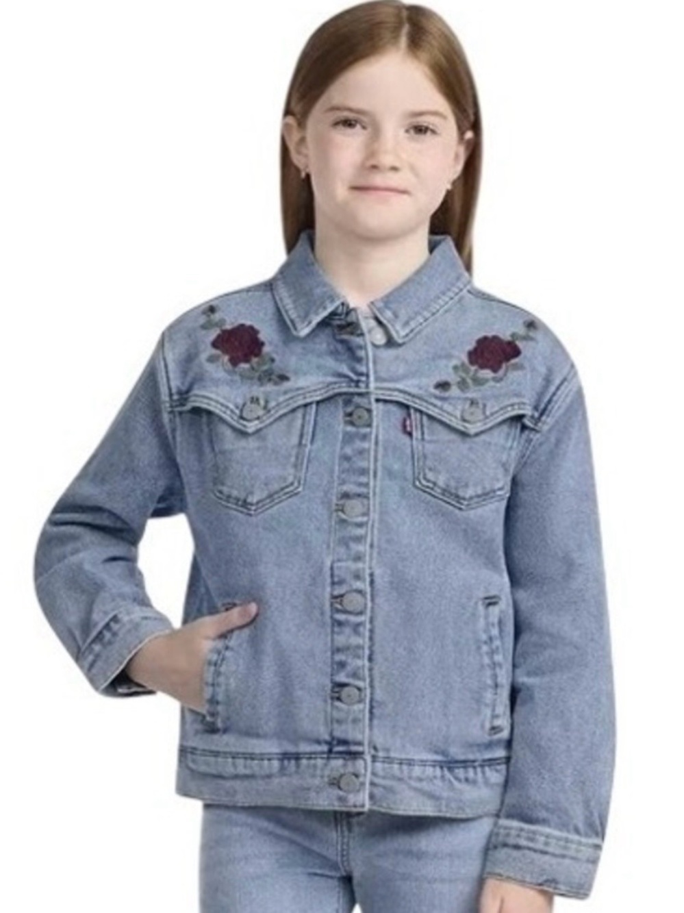 Levi's Oversized Western Trucker Jean Jacket Floral Embroidered Girls Med 10/11